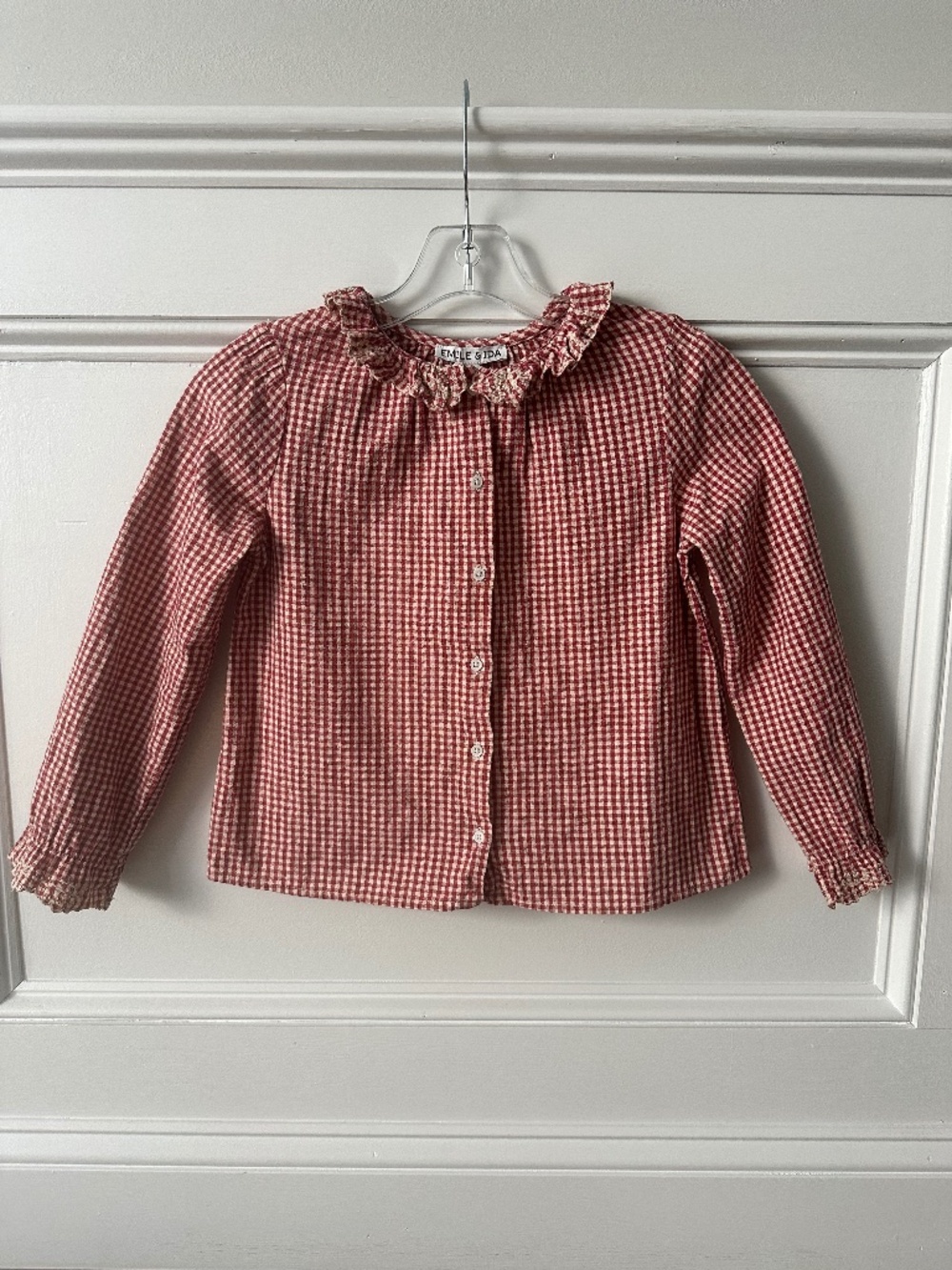 Emile et Ida Gingham Hand-Embroidered Collar Blouse - Raspberry Red